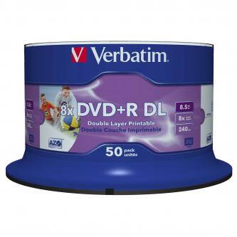 Verbatim DVD+R, 43703, Double Layer, 50-pack, 8.5GB, 8X, 12cm, General, Wide Inkjet Printable, cake box, Printable, pro archivaci