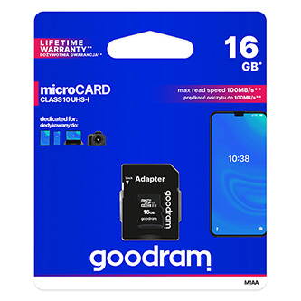 Goodram Micro Secure Digital Card, 16GB, micro SDHC, M1AA-0160R12, UHS-I U1 (Class 10), s adaptérem
