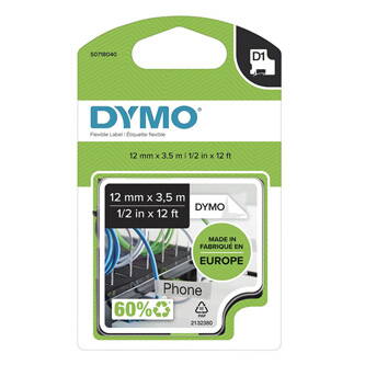 Dymo originální páska do tiskárny štítků, Dymo, 16957, S0718040, černý tisk/bílý podklad, 3.5m, 12mm, D1 speciální - flexibilní ny
