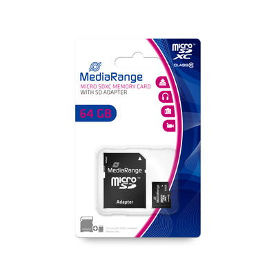 Secure Digital Card 64GB micro Mediarange Class 10 + SD adapter MR955