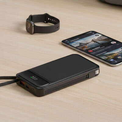 MediaRange Mobile Auxiliary Battery / Power Bank 10 000mAh s integrovanými nabíjecími kabely a LCD displejem, podporuje USB-C® napájení a rychlé nabíjení™, černá, MRMA753