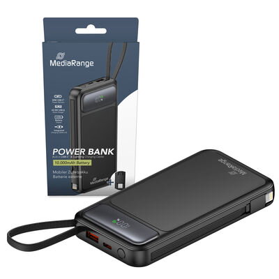 MediaRange Mobile Auxiliary Battery / Power Bank 10 000mAh s integrovanými nabíjecími kabely a LCD displejem, podporuje USB-C® napájení a rychlé nabíjení™, černá, MRMA753