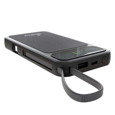 MediaRange Mobile Auxiliary Battery / Power Bank 10 000mAh s integrovanými nabíjecími kabely a LCD displejem, podporuje USB-C® napájení a rychlé nabíjení™, černá, MRMA753