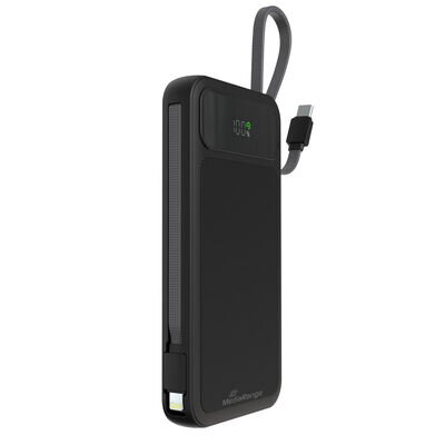 MediaRange Mobile Auxiliary Battery / Power Bank 10 000mAh s integrovanými nabíjecími kabely a LCD displejem, podporuje USB-C® napájení a rychlé nabíjení™, černá, MRMA753