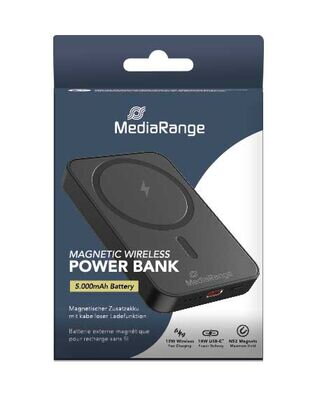 MediaRange magnetická powerbanka s bezdrátovým nabíjením 5 000mAh, magnety N52 a LED indikátorem úrovně nabití, podporuje USB-C napájení®, černáMRMA760 