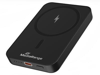 MediaRange magnetická powerbanka s bezdrátovým nabíjením 5 000mAh, magnety N52 a LED indikátorem úrovně nabití, podporuje USB-C napájení®, černáMRMA760 