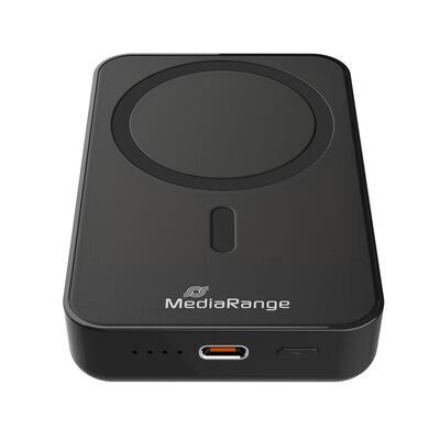 MediaRange magnetická powerbanka s bezdrátovým nabíjením 10.000mAh, magnety N52 a LED indikátorem úrovně nabití, podporuje USB-C napájení®, černáMRMA761