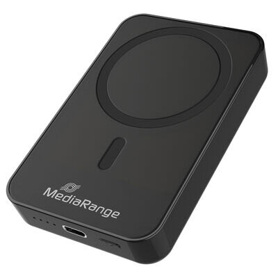 MediaRange magnetická powerbanka s bezdrátovým nabíjením 10.000mAh, magnety N52 a LED indikátorem úrovně nabití, podporuje USB-C napájení®, černáMRMA761