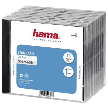 Hama CD Standard box, standardní obal na 1 CD/DVD, průhledný/černý, balení 10 ks (cena za balení)