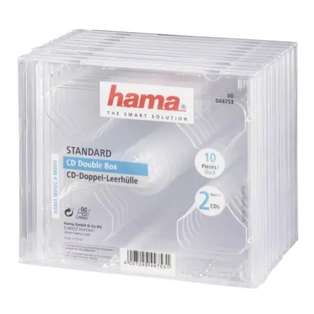 Hama CD Double box, standardní obal na 2 CD/DVD, průhledný, balení 10 ks (cena za balení)