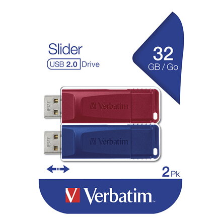 Verbatim USB flash disk, USB 2.0, 32GB, Slider, červený, modrý, 49327, USB A, s výsuvným konektorem, 2 ks