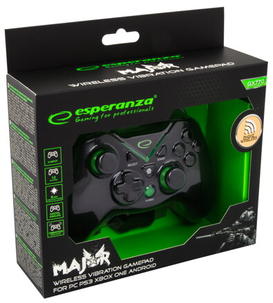 Bezdrátový gamepad Esperanza MAJOR EGG112K pro PC, PS3, X-BOX ONE, Android, USB 2.0, 2,4GH, vibrační, černý Bezdrátový gamepad Esperanza MAJOR EGG112K pro PC, PS3, X-BOX ONE, Android, USB 2.0, 2,4GH, vibrační, černý