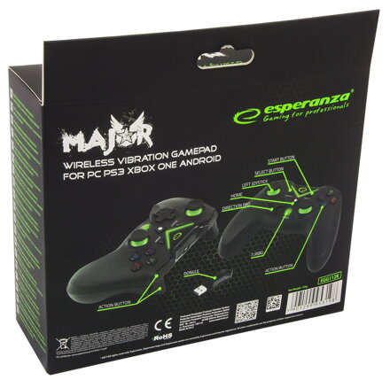 Bezdrátový gamepad Esperanza MAJOR EGG112K pro PC, PS3, X-BOX ONE, Android, USB 2.0, 2,4GH, vibrační, černý Bezdrátový gamepad Esperanza MAJOR EGG112K pro PC, PS3, X-BOX ONE, Android, USB 2.0, 2,4GH, vibrační, černý