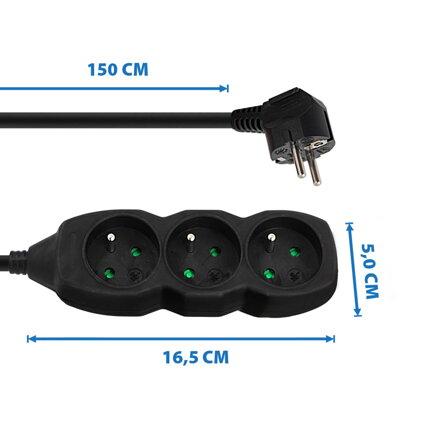 Prodlužovací šňůra 230V CEE7 (vidlice)-zásuvka 3x, 1,5m, VDE approved, černá ELK203K