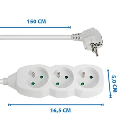 Prodlužovací šňůra 230V CEE7 (vidlice)-zásuvka 3x, 1,5m, VDE approved, bílá ELK203W