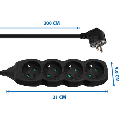 Prodlužovací šňůra 230V CEE7 (vidlice)-zásuvka 4x, 3m, VDE approved, černá ELK206K