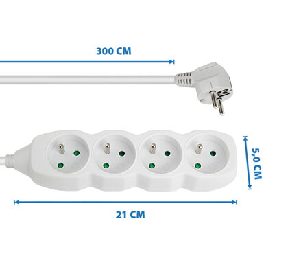 Prodlužovací šňůra 230V CEE7 (vidlice)-zásuvka 4x, 3m, VDE approved, bílá ELK206W