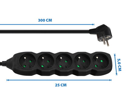 Prodlužovací šňůra 230V CEE7 (vidlice)-zásuvka 5x, 3m, VDE approved, černá ELK208K