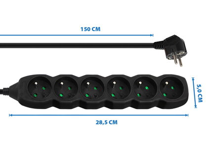 Prodlužovací šňůra 230V CEE7 (vidlice)-zásuvka 6x, 1,5m, VDE approved, černá ELK209K