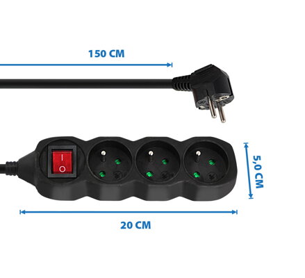 Prodlužovací šňůra s vypínačem 230V CEE7 (vidlice)-zásuvka 3x, 1,5m, VDE approved, černá ELK210K