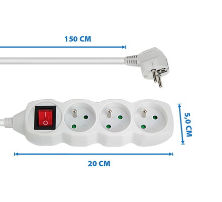 Prodlužovací šňůra s vypínačem 230V CEE7 (vidlice)-zásuvka 3x, 1,5m, VDE approved, bílá ELK210W