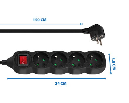 Prodlužovací šňůra s vypínačem 230V CEE7 (vidlice)-zásuvka 4x, 1,5m, VDE approved, černá ELK212K