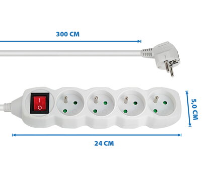 Prodlužovací šňůra s vypínačem 230V CEE7 (vidlice)-zásuvka 4x, 3m, VDE approved, bílá ELK213W