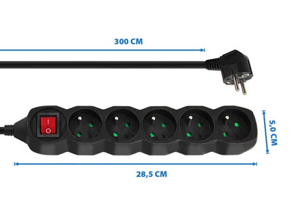 Prodlužovací šňůra s vypínačem 230V CEE7 (vidlice)-zásuvka 5x, 3m, VDE approved, černá ELK215K