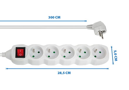 Prodlužovací šňůra s vypínačem 230V CEE7 (vidlice)-zásuvka 5x, 3m, VDE approved, bílá ELK215W
