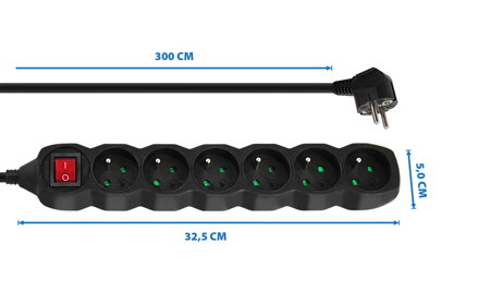 Prodlužovací šňůra s vypínačem 230V CEE7 (vidlice)-zásuvka 6x, 3m, VDE approved, černá ELK218K