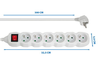 Prodlužovací šňůra s vypínačem 230V CEE7 (vidlice)-zásuvka 6x, 3m, VDE approved, bílá ELK218W