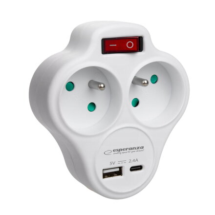 Rozbočovací zásuvka 2x 240V 16A USB-A, USB-C, 2,4A, bílá Esperanza ELK311W