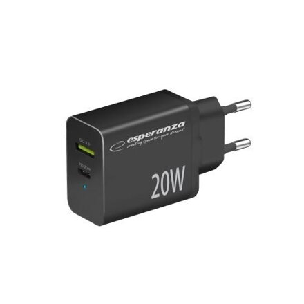 Síťová nabíječka EZC105K Esperanza se dvěma porty 20W USB-C a USB-A 3.0.18W  černá