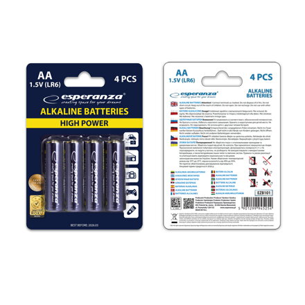 Alkalické baterie Esperanza EBZ101 AA 1,5V - cena za 4ks baterií