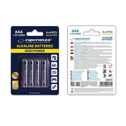 Alkalické baterie Esperanza EBZ104 AAA 1,5V - cena za 8ks baterií