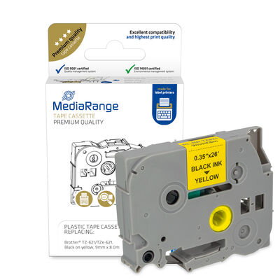 Kompatibilní páska Mediarange MRBTZ621 do tiskárny štítků, Brother, TZE-621, černý tisk/žlutý podklad, laminovaná, 8m, 9mm