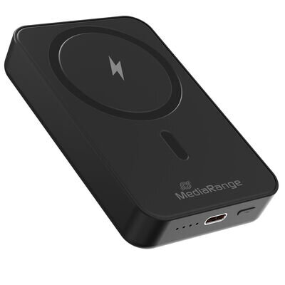 MediaRange magnetická powerbanka s bezdrátovým nabíjením 10.000mAh, magnety N52 a LED indikátorem úrovně nabití, podporuje USB-C napájení®, černáMRMA761