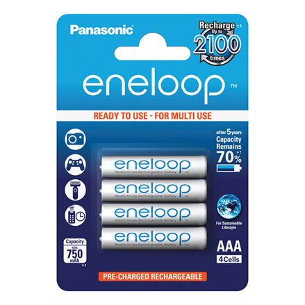 Přednabité baterie, AAA, 1.2V, 750 mAh, Panasonic-Eneloop, 4-pack