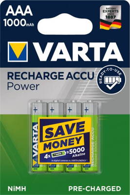 Nabíjecí baterie NiMH 1000mAh AAA 1,2V Varta - Recharge Accu Power - přednabité - cena za 4ks