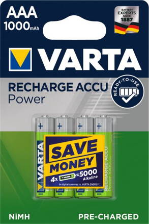 Nabíjecí baterie NiMH 1000mAh AAA 1,2V Varta - Recharge Accu Power - přednabité - cena za 4ks