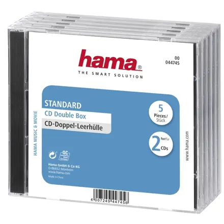 Hama CD Double box, standardní obal na 2 CD/DVD, průhledný/černý, balení 5 ks (cena za balení)