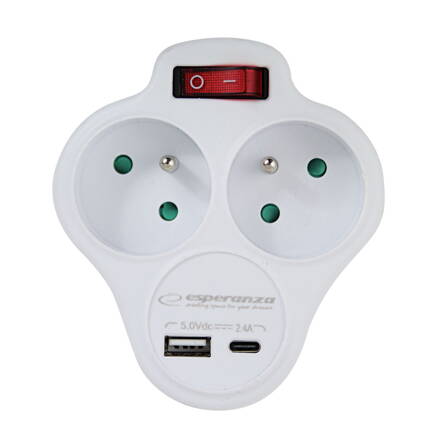 Rozbočovací zásuvka 2x 240V 16A USB-A, USB-C, 2,4A, bílá Esperanza ELK311W