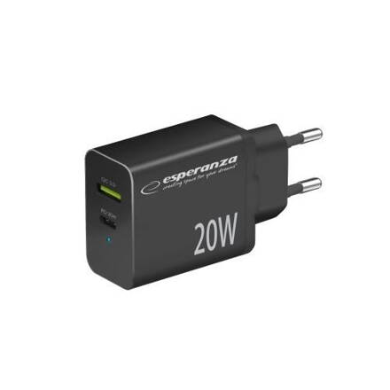 Síťová nabíječka EZC105K Esperanza se dvěma porty 20W USB-C a USB-A 3.0.18W  černá