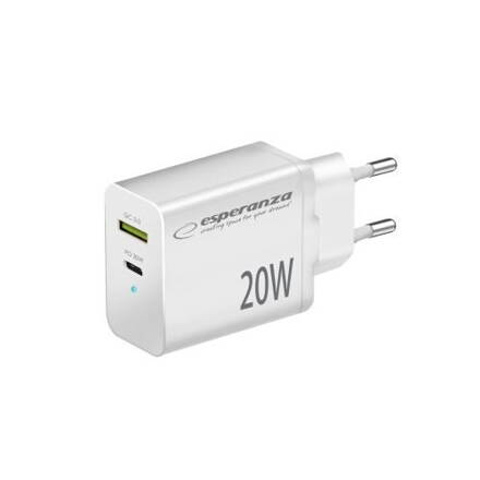 Síťová nabíječka EZC105W Esperanza se dvěma porty 20W  USB-C a USB-A  3.0 18W bílá