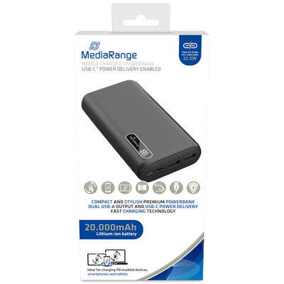 Power Bank Mediarange 20.000mAh Li-ion, 5V, 2x USB-A, 1x USB-C konektor, funkce rychlého nabíjení, LCD display MR756