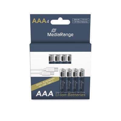 Nabíjecí baterieMediaRange USB-C Li-Ion, Micro AAA I 1.5V I 500mAh 750mWh , 4-Pack MRBAT160