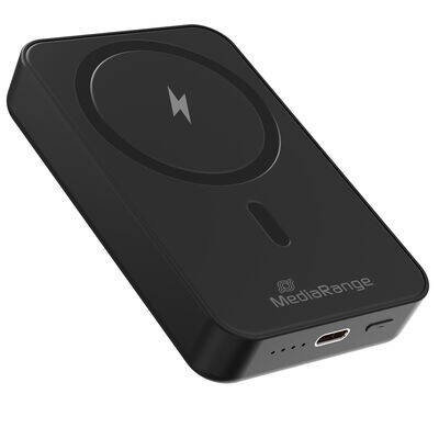 MediaRange magnetická powerbanka s bezdrátovým nabíjením 10.000mAh, magnety N52 a LED indikátorem úrovně nabití, podporuje USB-C napájení®, černáMRMA761