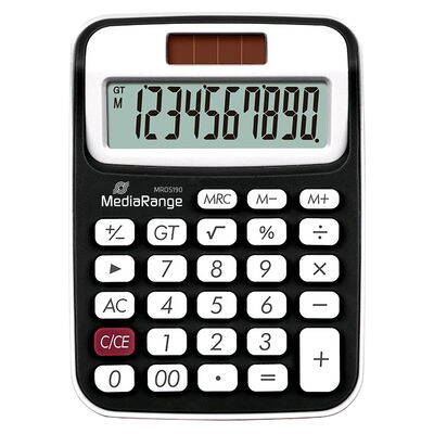 Kompaktní kapesní kalkulačka MediaRange s 10místným LC displejem, solárním a bateriovým provozem, černá/bílá MROS190