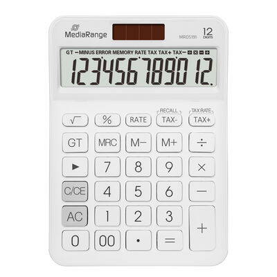 Kapesní kalkulačka MediaRange s výpočtem daně, 12místný LC displej, solární a bateriový provoz, bílá MROS191