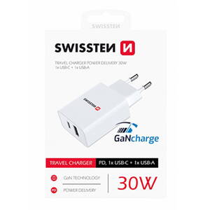 SWISSTEN Síťový adaptér 30W, 2 porty, USB-C, USB-A, GaN rychlonabíjení